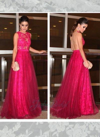 Mariage - LJ14136 hot pink sheer back lace with tulle skirt long prom gown