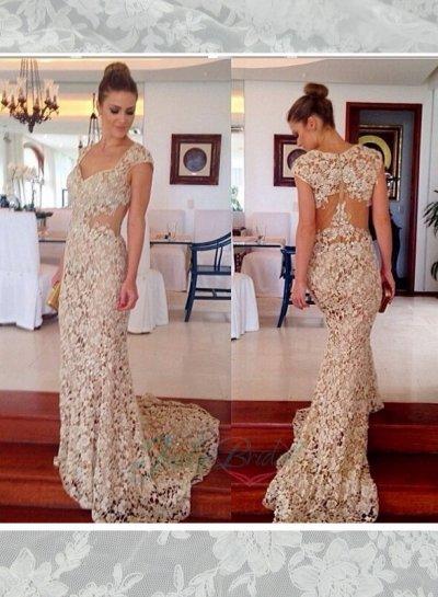 Mariage - LJ14135 champagne sheer lace cap sleeves sheath prom wedding dress
