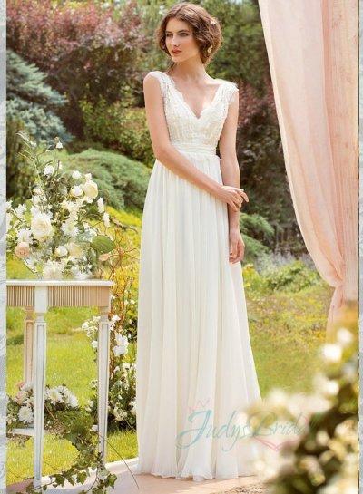 زفاف - JOL226 Modest lace strappy v neck flowy chiffon wedding dress