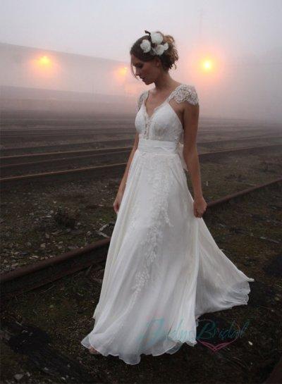 Hochzeit - JOL224 Airy flare lace cap sleeves flowy chiffon boho wedding dress