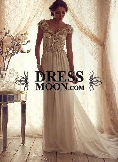 زفاف - Hot Sell Gorgeous V Neck Cap Sleeves Chiffon Vintage Dress