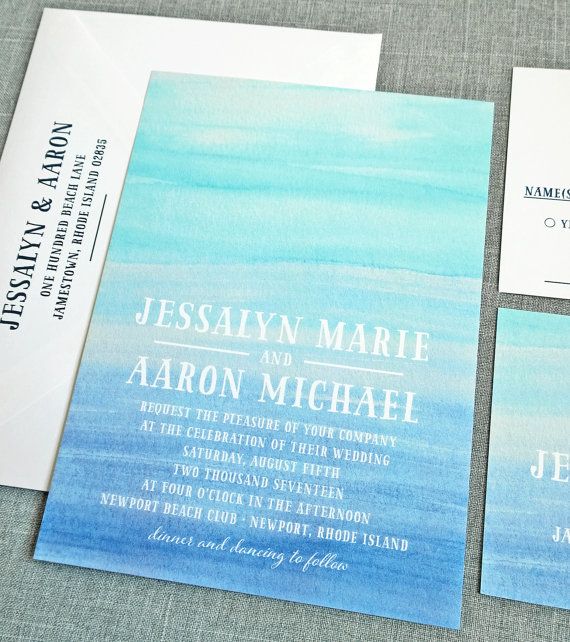 Mariage - NEW Jessalyn Watercolor Beach Wedding Invitation Sample - Destination Aqua And Blue Watercolor Beach Wedding Invitation