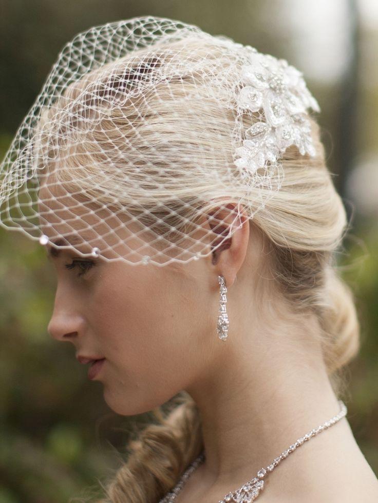 Wedding - Birdcage Wedding Veil With Crystal Edge And Beaded Lace