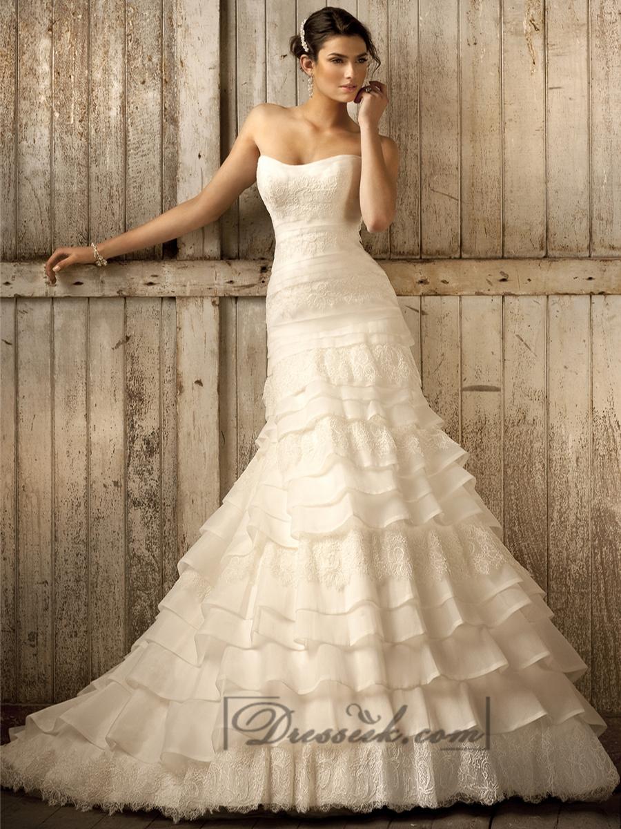 زفاف - Strapless A-line Scoop Neckline Tiered Ruffled Vintage Wedding Dresses