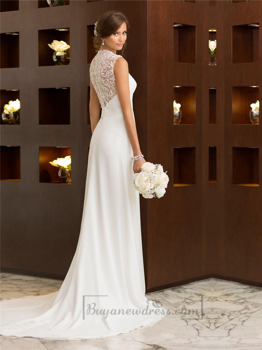 زفاف - Elegant Cap Sleeves Chiffon Sheath Simple Wedding Dresses with Illusion Back