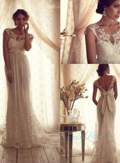 Hochzeit - JOL218 romance illusion lace cap sleeved scoop neck sheath wedding dress