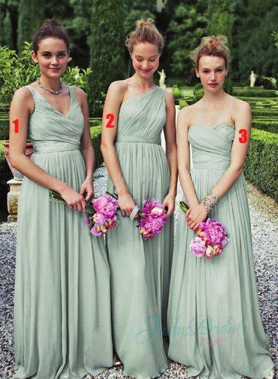 Hochzeit - JM14013 pistachio one shoulder straps ruch detailed chiffon long bridesmaid dress