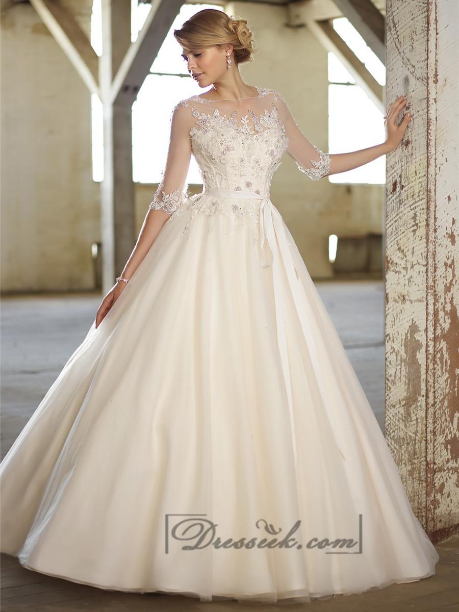 زفاف - Illusion Boat Neckline Three-Quarter Sleeves Embellished Wedding Dresses