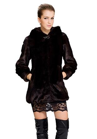زفاف - Faux dark brown mink fur with hood women short coat