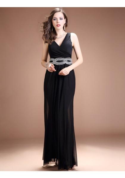 Mariage - Sheath Column V Neck Floor Length Black Evening Dress