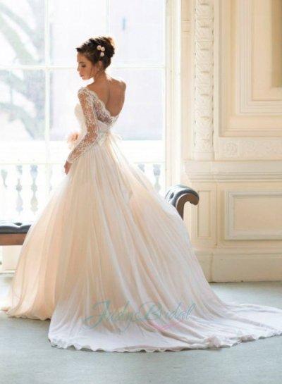Wedding - JOL247 Romantic illusion lace bateau neck long sleeved wedding bridal dress