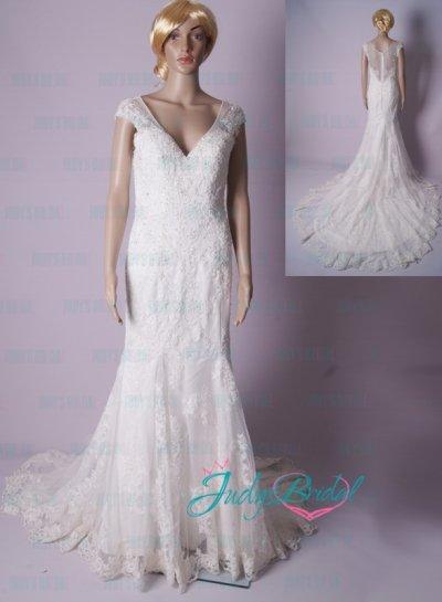 زفاف - LJ185 sexy sheer dot tulle back lace cap sleeved wedding dress