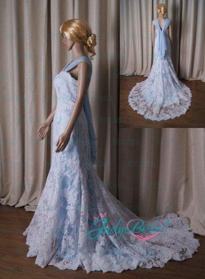 زفاف - LJ188 vintage blue and white lace modified a line wedding dress