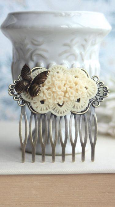 Hochzeit - Ivory Floral Flower Butterfly Wedding Hair Comb. Floral Bouquet. Rustic Ivory. Wedding Hair Accessories. Vintage Inspired. Bridesmaids Gift