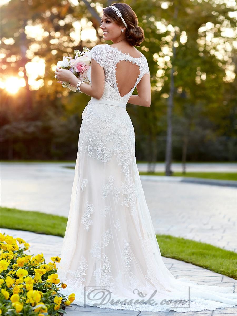 Hochzeit - Lace Over Illusion Cap Sleeves V-neck Wedding Dresses with Keyhole Back