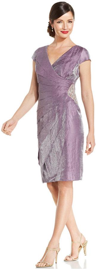 زفاف - London Times Cap-Sleeve Shimmer Shutter-Pleat Dress