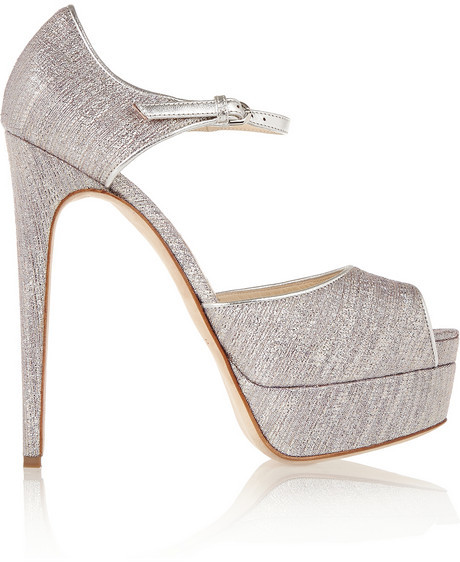 Wedding - Brian Atwood Lamé-covered leather peep-toe platform pumps