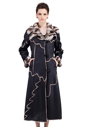زفاف - Black suede with faux black and gray rabbit fur long suede coat