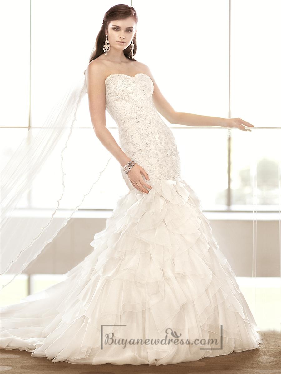Wedding - Strapless Sweetheart Lace Appliques Bodice Wedding Dresses with Textured Skirt