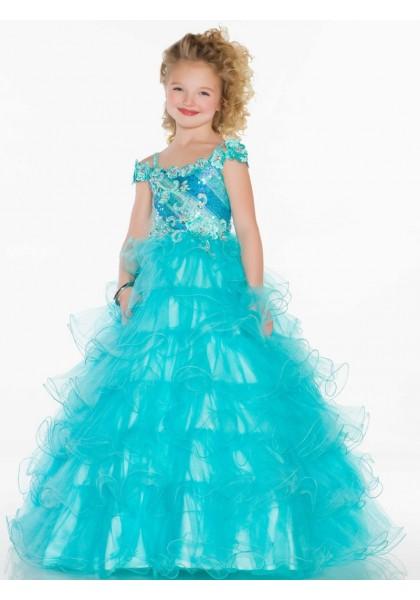Mariage - Spaghetti Strap Sweep Train Tulle Blue A Line Girls Pageant Dress