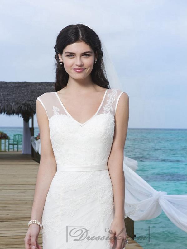 Mariage - Lace Appliques And Satin Trim On Sheer V-Tank Asymmetrically Draped Tulle Wedding Gown