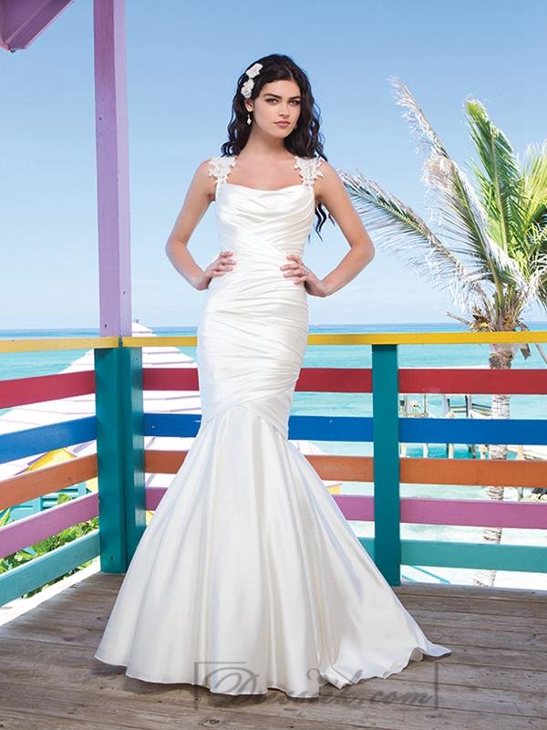Wedding - Lace Cap Sleeves Charmeuse Asymmetric Draped Mermaid Wedding Gown