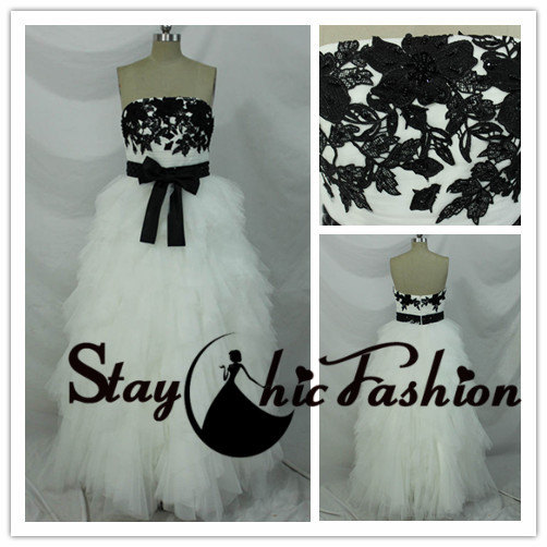 زفاف - Black Floral Applique Bust White Long Ruffled Prom Dress, White Ruffled Beach Wedding Dress