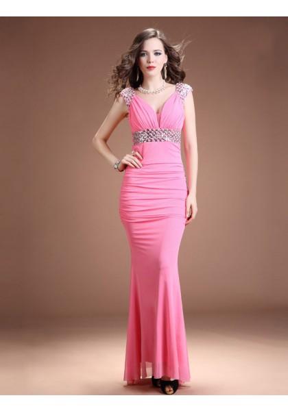 Hochzeit - Sheath Column Jewel Floor Length Pink Evening Dress