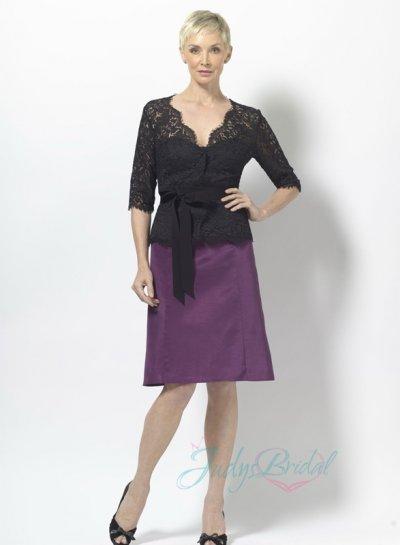 Hochzeit - LJ14142 black lace jacket purple column short mother of bride dress