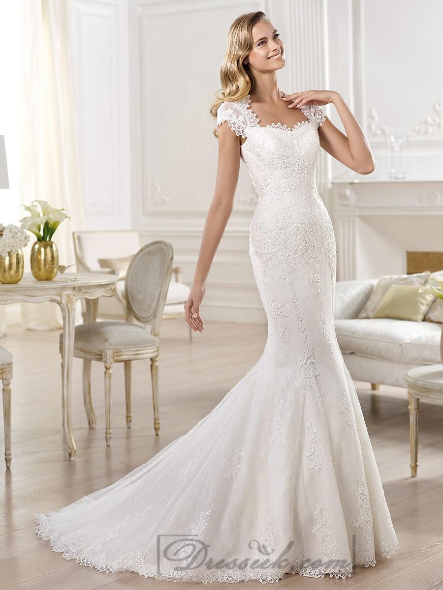 Hochzeit - Cap Sleeves Straight Straps Neckline Mermaid Wedding Dresses Featuring Applique Crystal