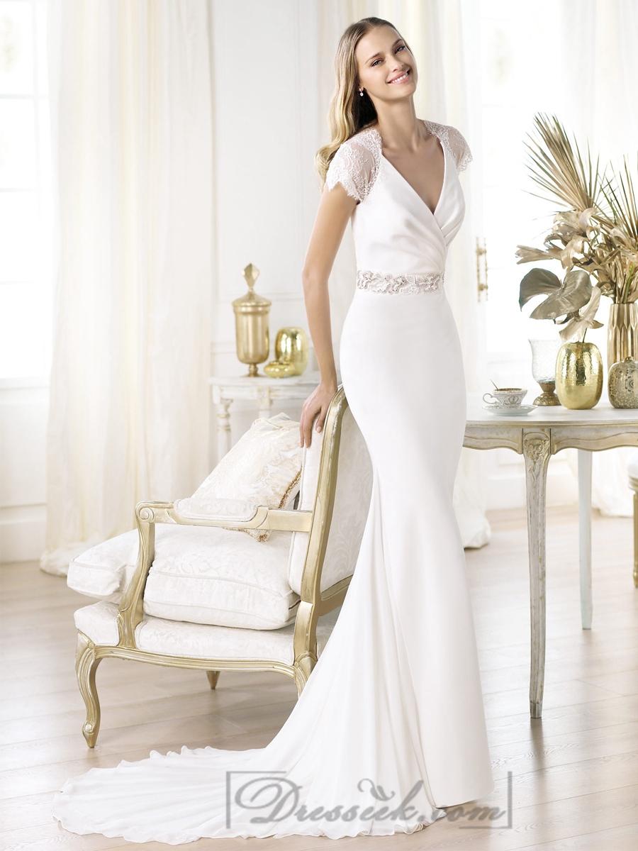 Mariage - Elegant Short Sleeves Plunging V-neck Mermaid Illusion Back Wedding Dresses Featuring Crystal