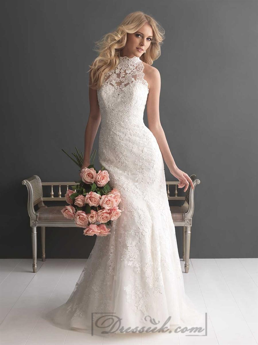 Mariage - Sheer High Neckline Lace Sheath Wedding Dresses