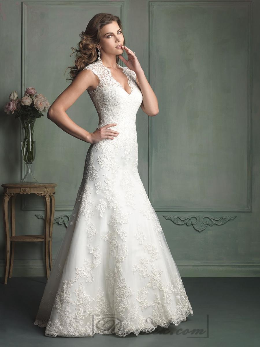 Wedding - This soft lace gown is truly timeless. The plunging neckline features contour straps leading   to a sheer lace paneled back.   Silhouette: Mermaid Neckline: V-neck Waist: Natural Waist Hemline/Train: Chapel Train Sleeves Length: Cap Sleeves Embellishment: