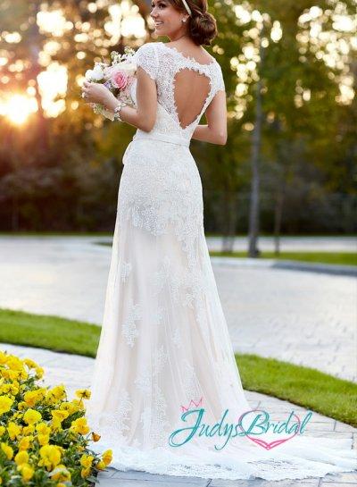 Hochzeit - JW15029 fashion illusion v neck cap sleeved lace wedding dress