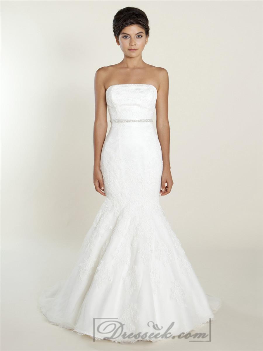 Wedding - Fit and Flare Strapless Lace Wedding Dresses with Beaded Belt