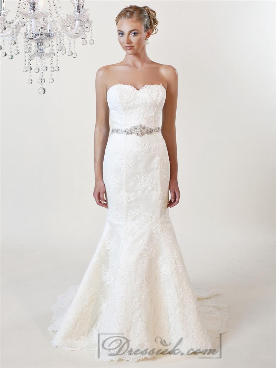 Mariage - Strapless Mermaid Sweetheart Lace Wedding Dresses with Beaded Belt