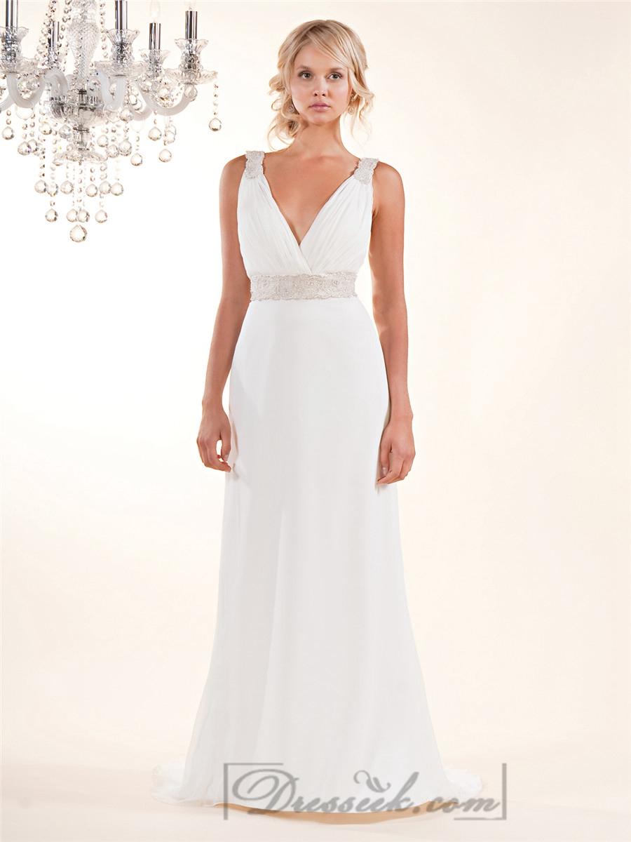 Hochzeit - Sheath Plunging V-neck Wedding Dresses with Beaded Straps and Belt