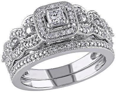 زفاف - 1/2 CT. T.W. Princess Cut and Round Diamond Bridal Ring Set in 14K White Gold (GH I1-I2)