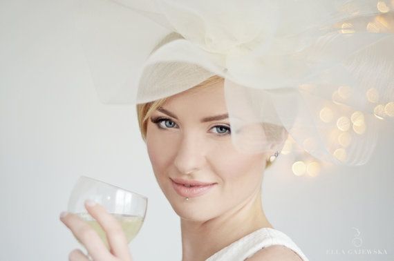 Hochzeit - Designer Bridal Fascinator - Oversized Ivory Off White - Crinoline Cocktail Hat Show Stopper Headpiece Weddings - Bridal Wedding Head Dress