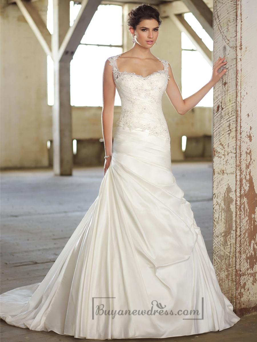 Hochzeit - Cap Sleeves Lace Over Bodice A-line Wedding Dresses with Illusion Back