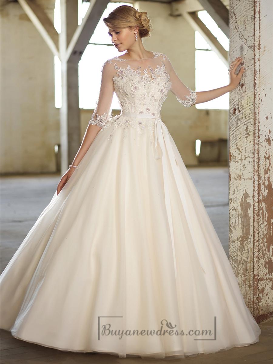 Mariage - Illusion Boat Neckline Three-Quarter Sleeves Embellished Wedding Dresses