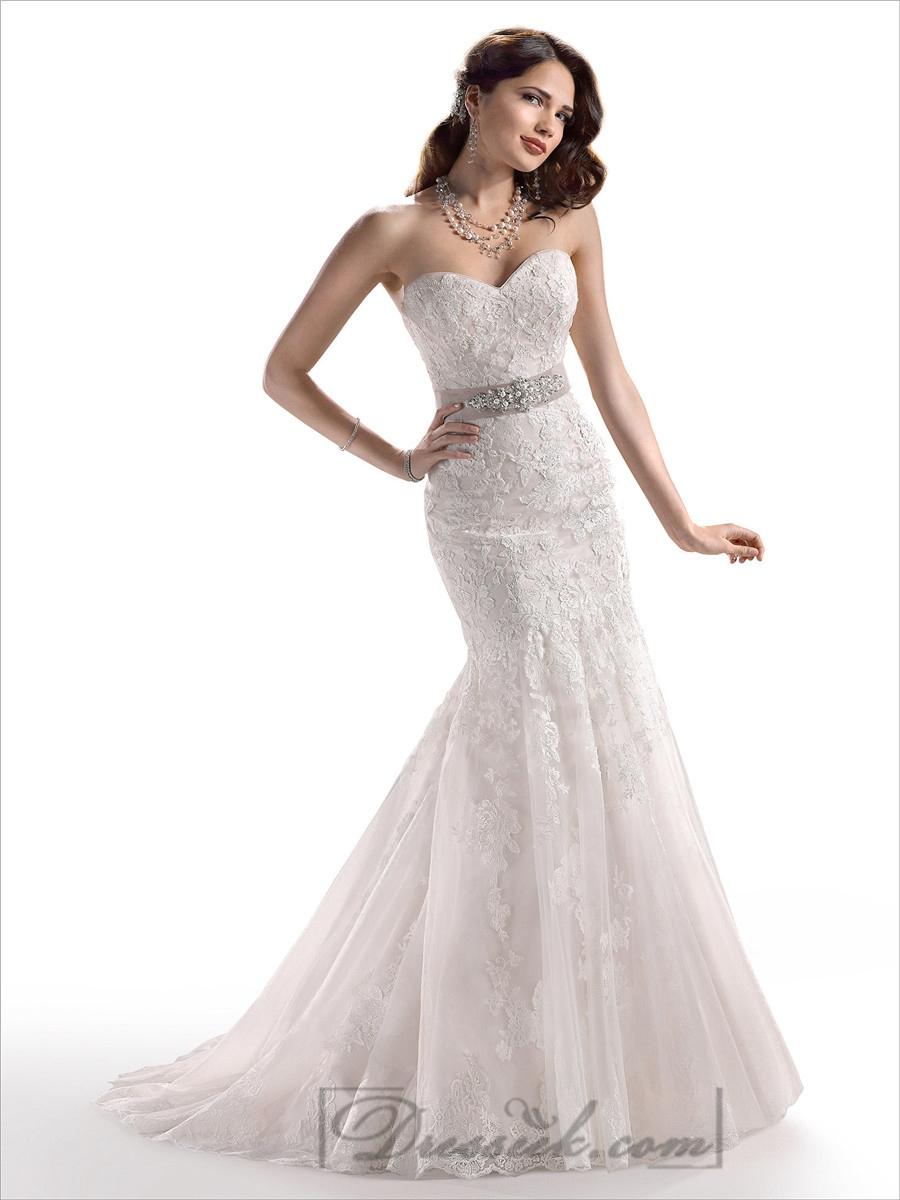 Wedding - Strapless Sweetheart Mermaid Lace Embroidered Wedding Dresses with Beaded Belt
