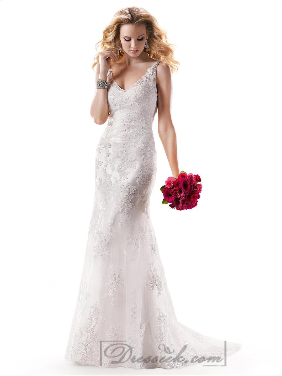 زفاف - Lace Sheath V-neck and V-back Embroidered Wedding Dresses with Beaded Straps