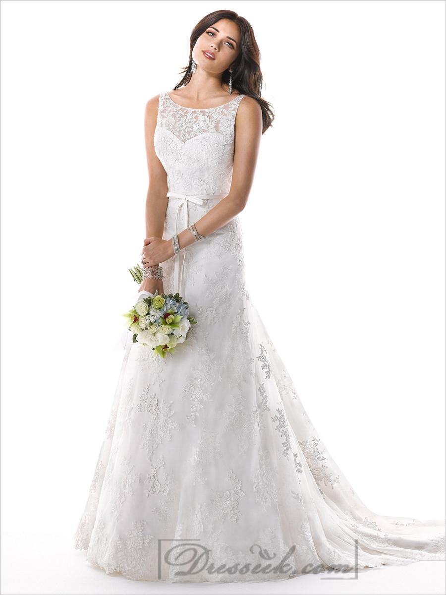 Hochzeit - Romantic Illusion Bateau Neckline A-line Lace V-back Wedding Dresses