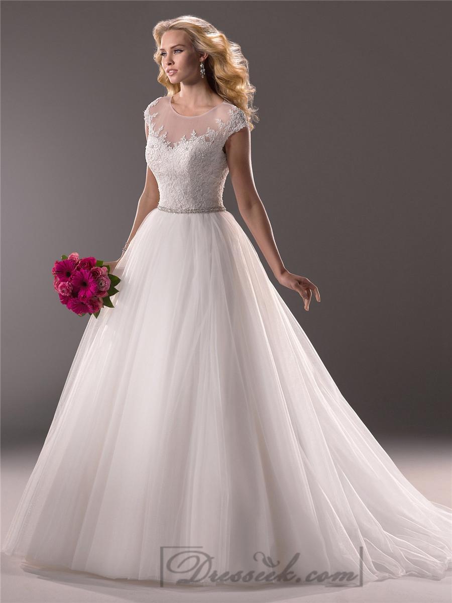 Свадьба - Cap Sleeves Sheer Neckline Sequin Ball Gown Wedding Dresses with Beaded Belt