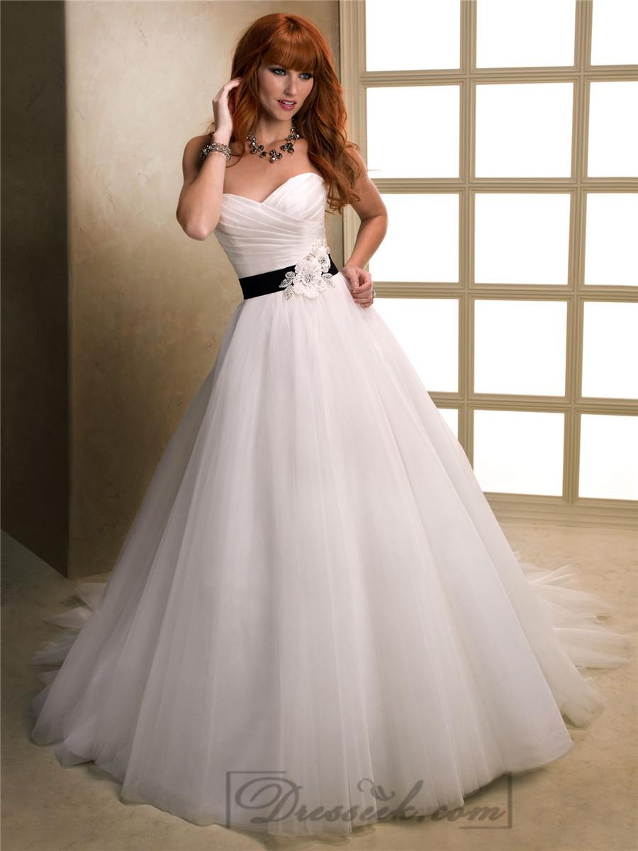 Hochzeit - Asymmetrical Ruched Cross Sweetheart Ball Gown Wedding Dresses with Flower Belt