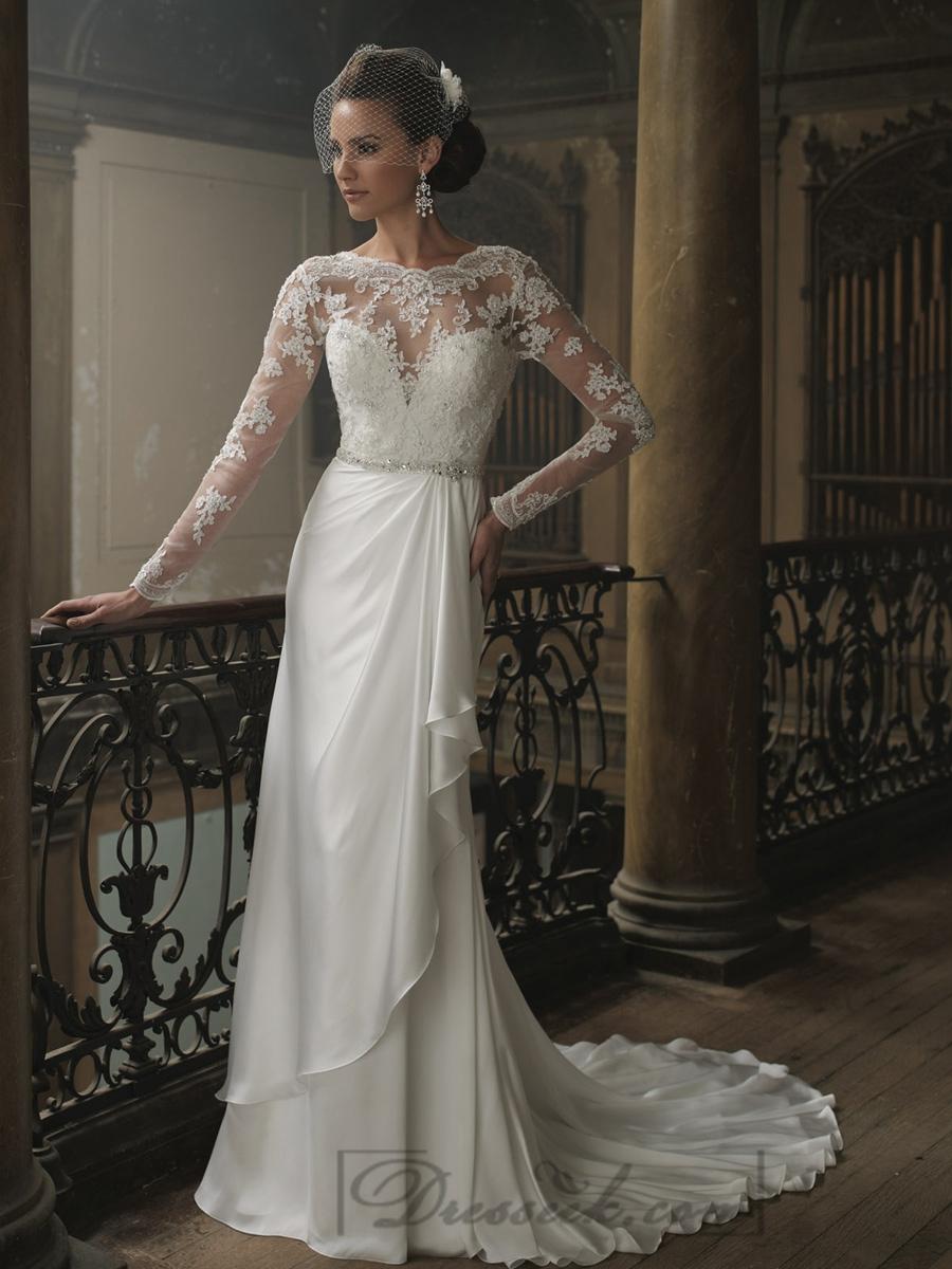Hochzeit - Sheath Bateau Neckline Ruffled V-back Wedding Dresses with Lace Long Sleeves