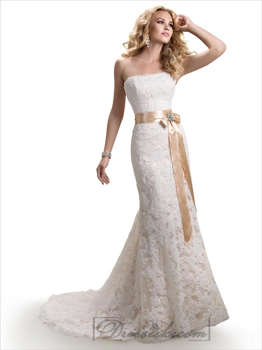 زفاف - Strapless Slim A-line Lace Wedding Dresses with Satin Ribbon Waist