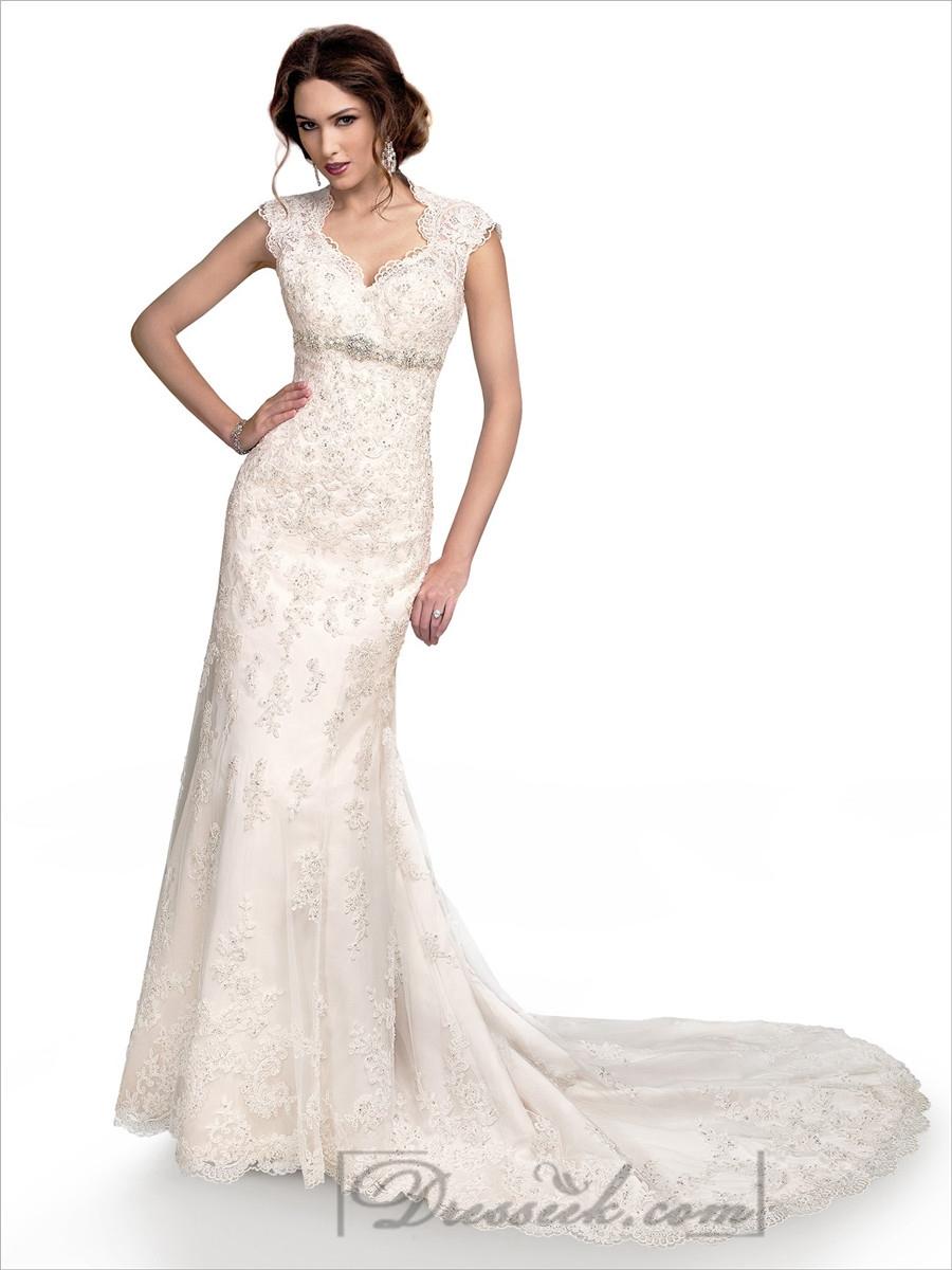 Hochzeit - Cap Sleeves Sweetheart Scalloped Neckline Beaded Lace Wedding Dresses with High Keyhole Back