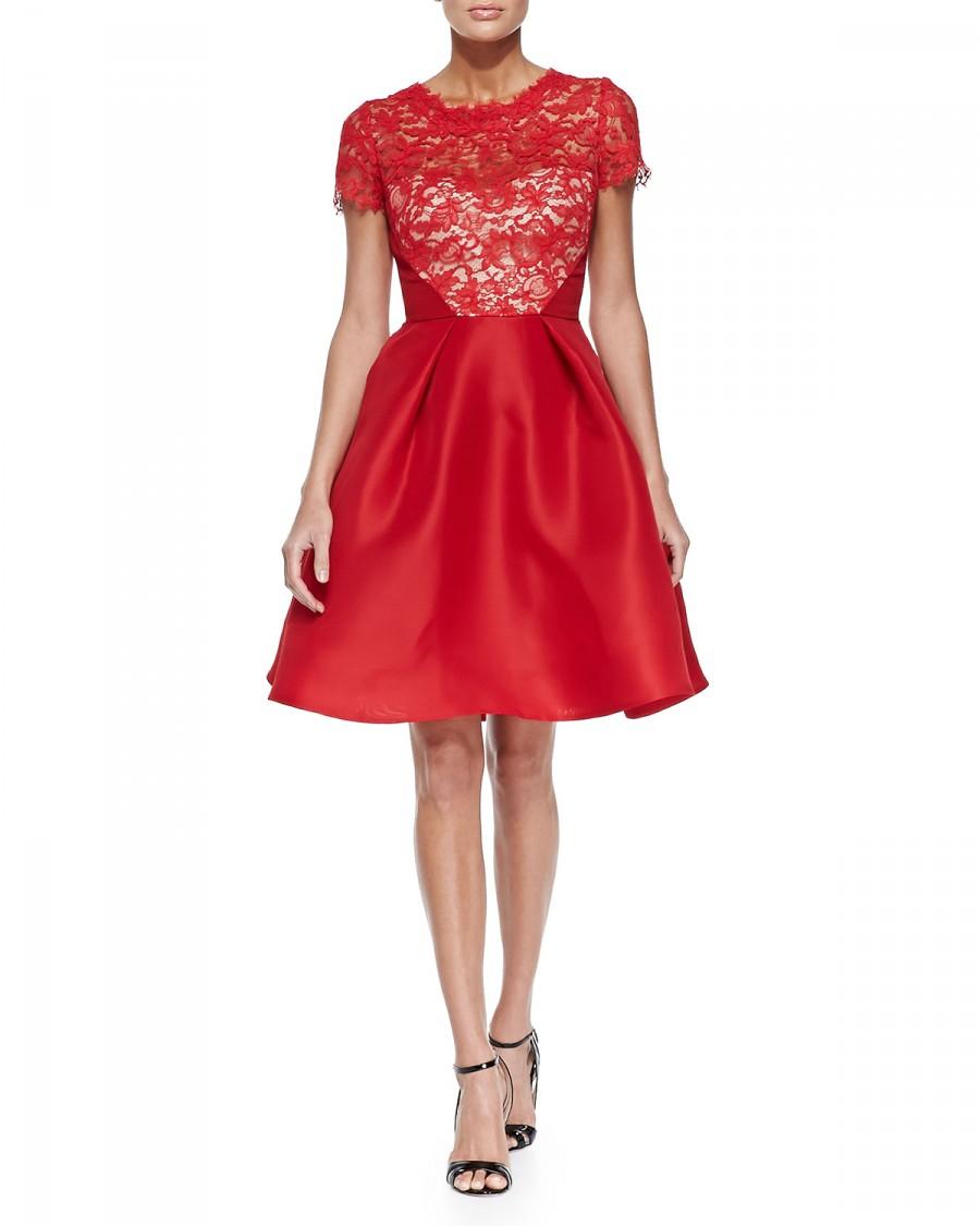 Hochzeit - Monique Lhuillier				 		 	 	   				 				Floral-Lace & Gazar Fit-and-Flare Dress, Rouge